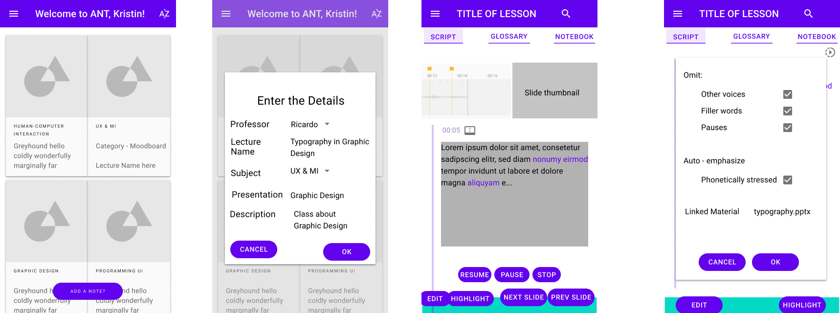 Low-fidelity wireframe of the ANT note-taking view.