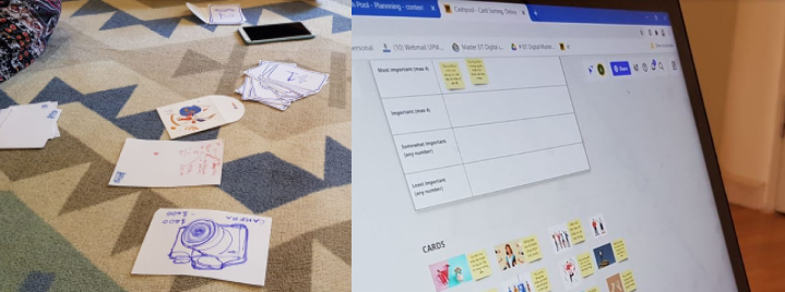 Card sorting activities, physical cards on the left and the digital MIRO board on the right.