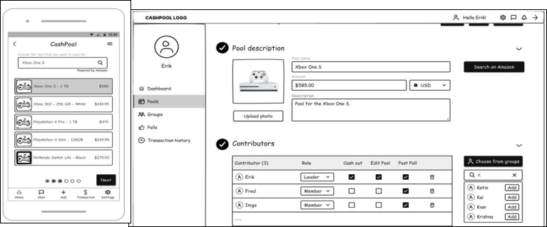 Low-fidelity Balsamiq-style prototypes for mobile and web built in Figma.